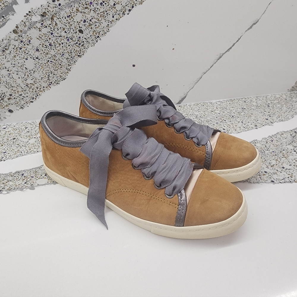 Lanvin Sueded Calfskin Low-Top Sneakers with Pewter Metallic Trim | Size 8.5